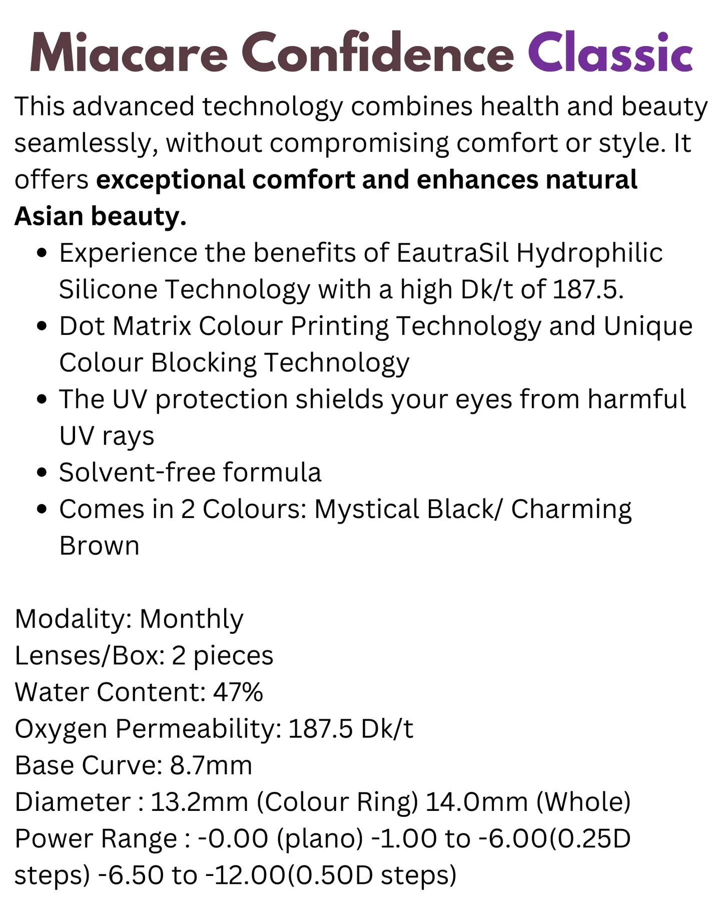 Miacare Confidence Monthly silicone hydrogel contact lenses at Hirocon SG, high oxygen color lenses for eye comfort