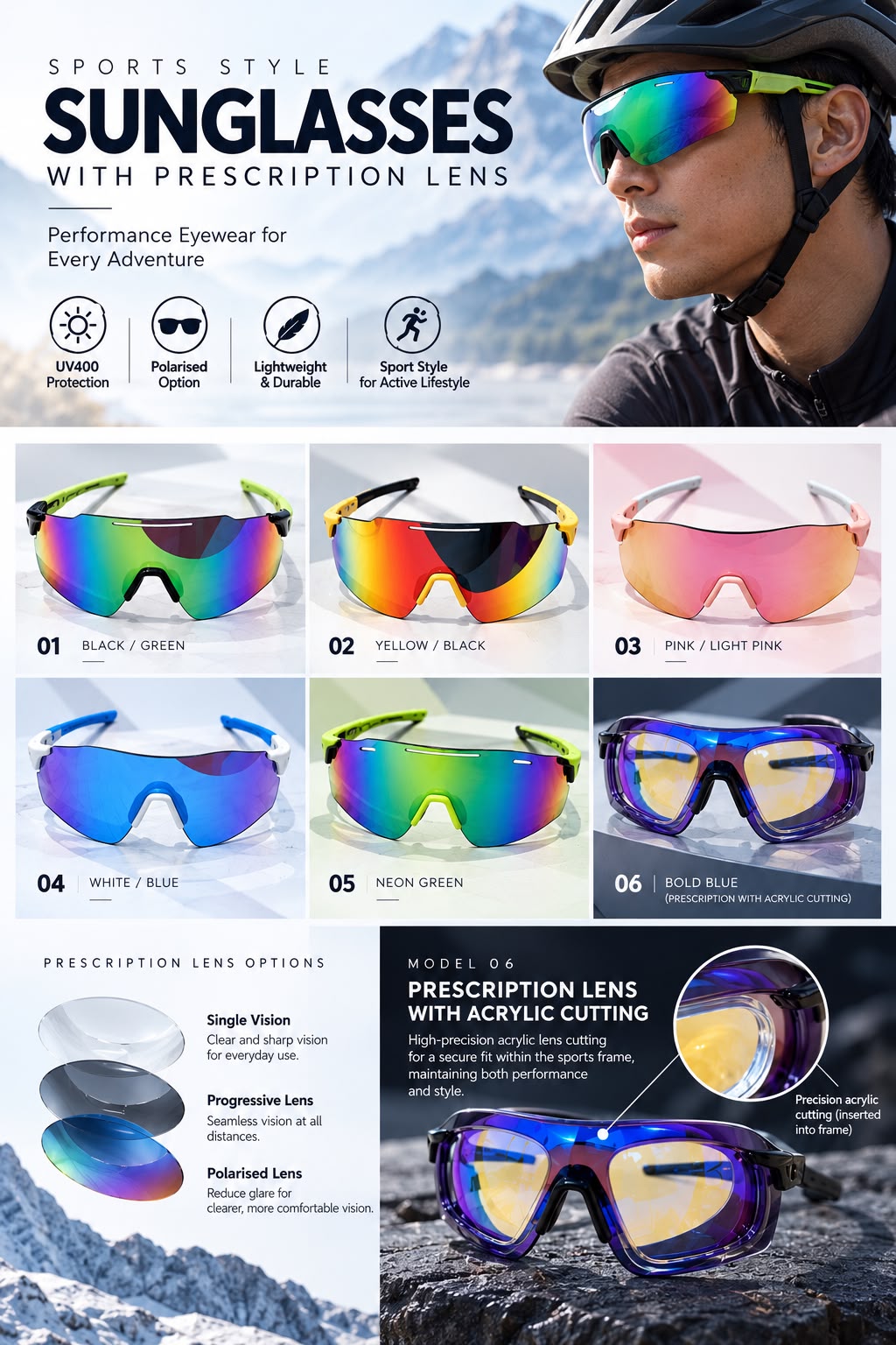 Sports sunglasses colour options and prescription insert detail